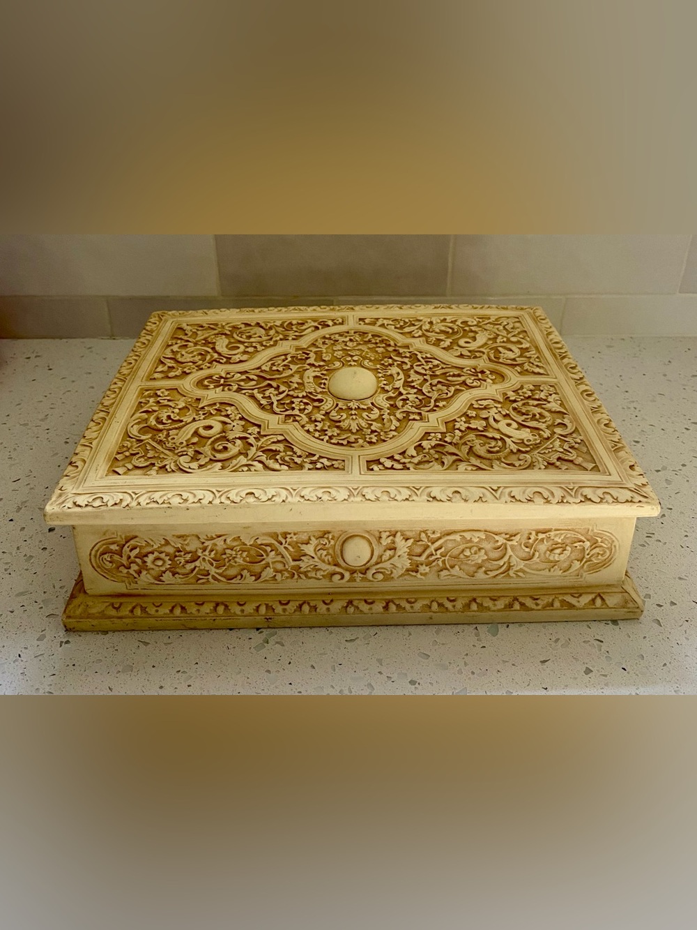 Vintage Incolay Stone Carved Jewelry Box